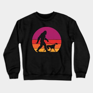 Bigfoot Walking a Weimaraner Dog Vintage Sunset Hiking Crewneck Sweatshirt